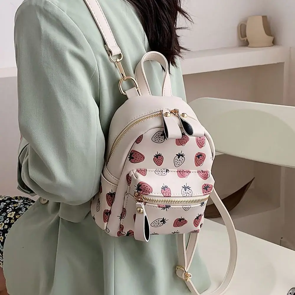 Fashion Strawberry Schoolbag Large Capacity Waterproof Two Shoulder Bag PU Adjustable Strap Backpack Woman