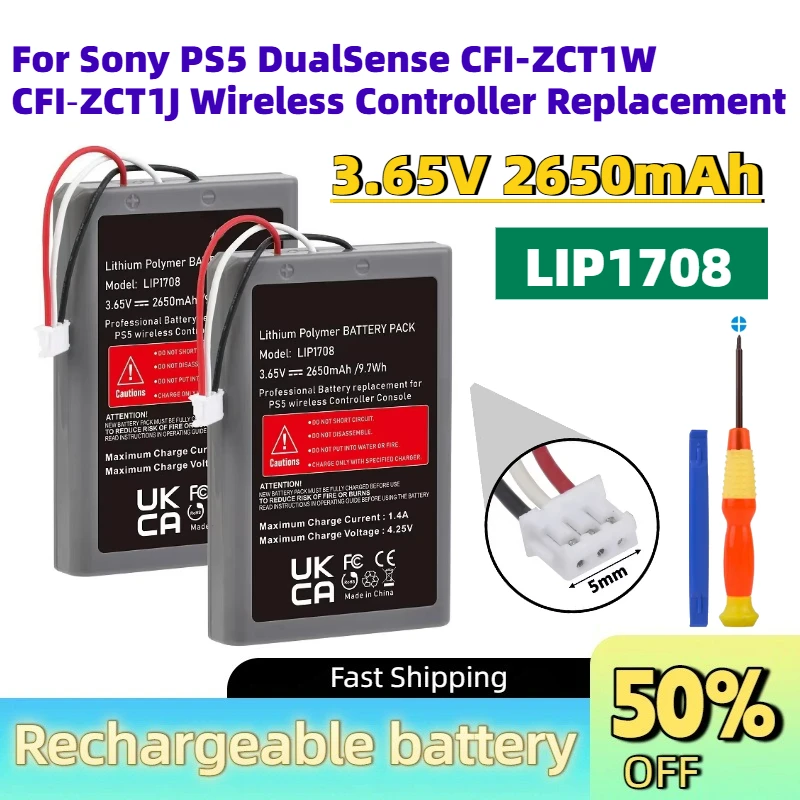 For Sony PS5 DualSense CFI-ZCT1W CFI‑ZCT1J Wireless Controller Replacement Upgrade 3.65V 2650mAh LIP1708 PS5 Digital Battery