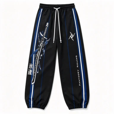 Samurai Ninja Hand Sword Pattern Blue Side Stripes Elastic Cuffs Drawstring Street Loose Hip Hop Casual Sports Pants