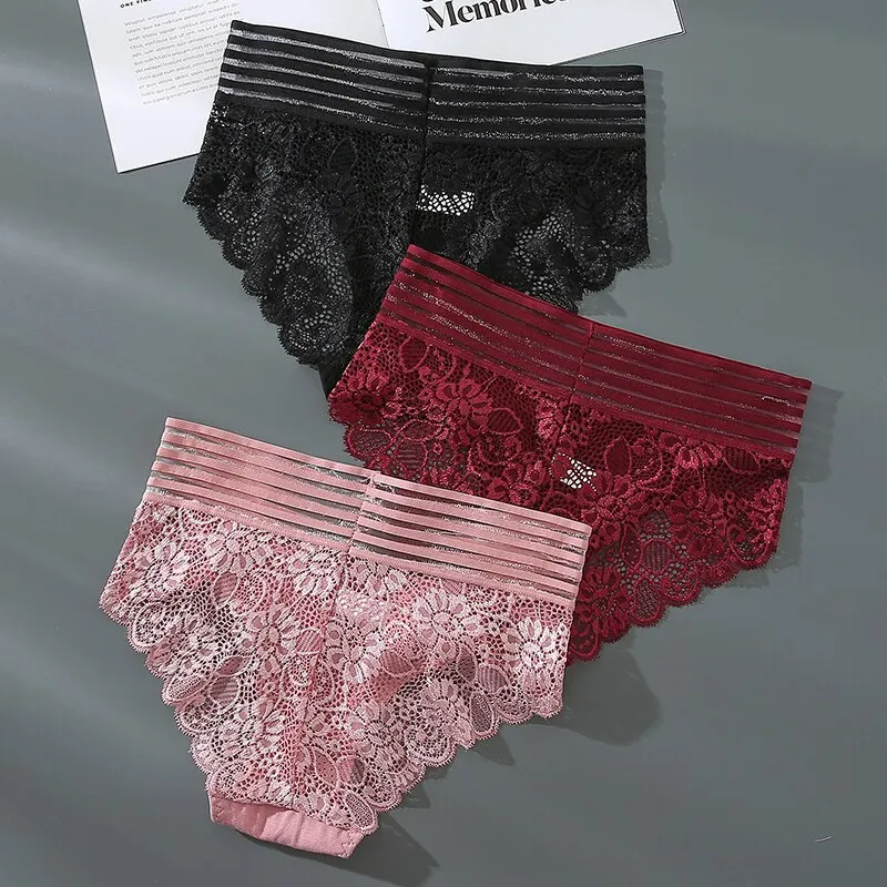 3Pcs Sexy Lace Panties Women\'s Underpants Solid Color Briefs Breathable Intimates Panties Female Underwear Seamless Lingeries