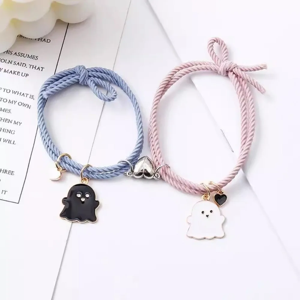 Halloween Cartoon Ghost Magnetic Rope Bracelet Black White Ghost Multicolor String Magnetic Bracelet Love Heart Magnet 1 Pair