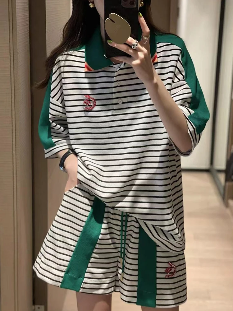 Striped Casual Sports Suit Womens Short Sleeves 2 Piece Sets Women Outfit 2024 New Vintage Stitching Top Shorts Suits Y2K Street