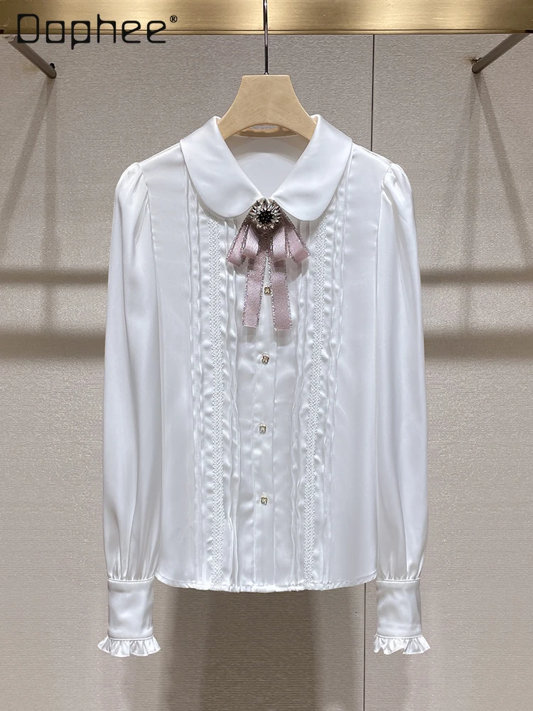 

College Style Elegant Long Sleeve Shirt Female French Sweet Doll Collar Bow Lace Patchwork Loose Slim Shirt for Women Autumn New