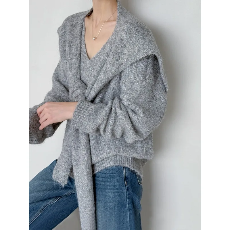 2025, Frühherbst, neues Design, entspannter und rückenfreier Wolloberteil, hochwertiger Strickpullover + Schal