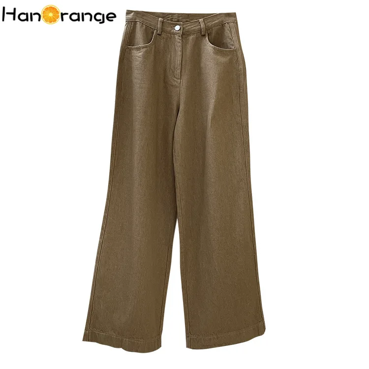 Imagem -02 - Hanorange-jeans Jeans Marrom de Cintura Alta Feminino Textura Vintage Solto Reto Casual Calças Esfregando Feminino Primavera 2023