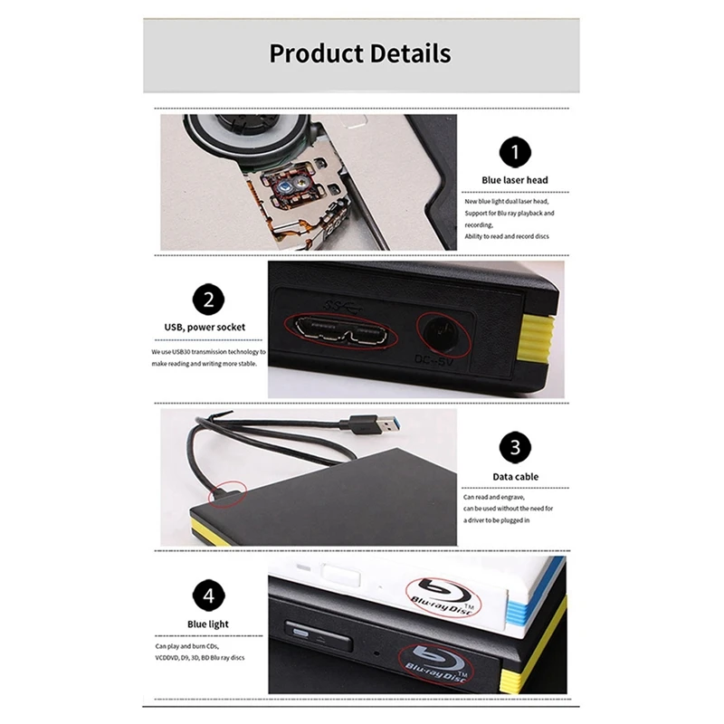 윈도우 PC 노트북 데스크탑용 블루레이 버너 플레이어, USB 3.0 CD DVD 외장 블루레이 드라이브 라이터 리더, 신제품