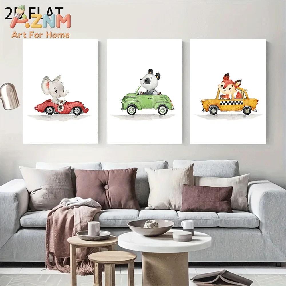 AZNM Watercolor Elephant Panda Fox Driving Retro Car Canvas Wall Art, Cute Cartoon Animal Vintage Race Car Taxi Illustration Pri