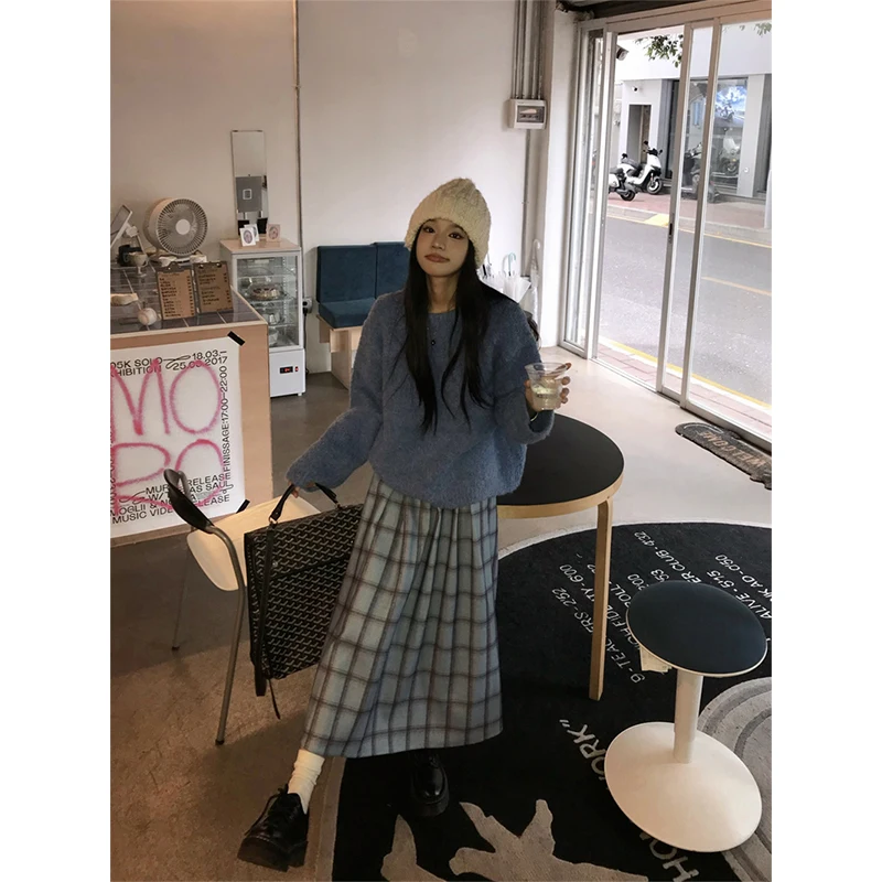 Vintage Plaid jupe Midi femmes japonais Harajuku laine jupes plissées hiver Streetwear coréen taille haute décontractée une ligne Faldas