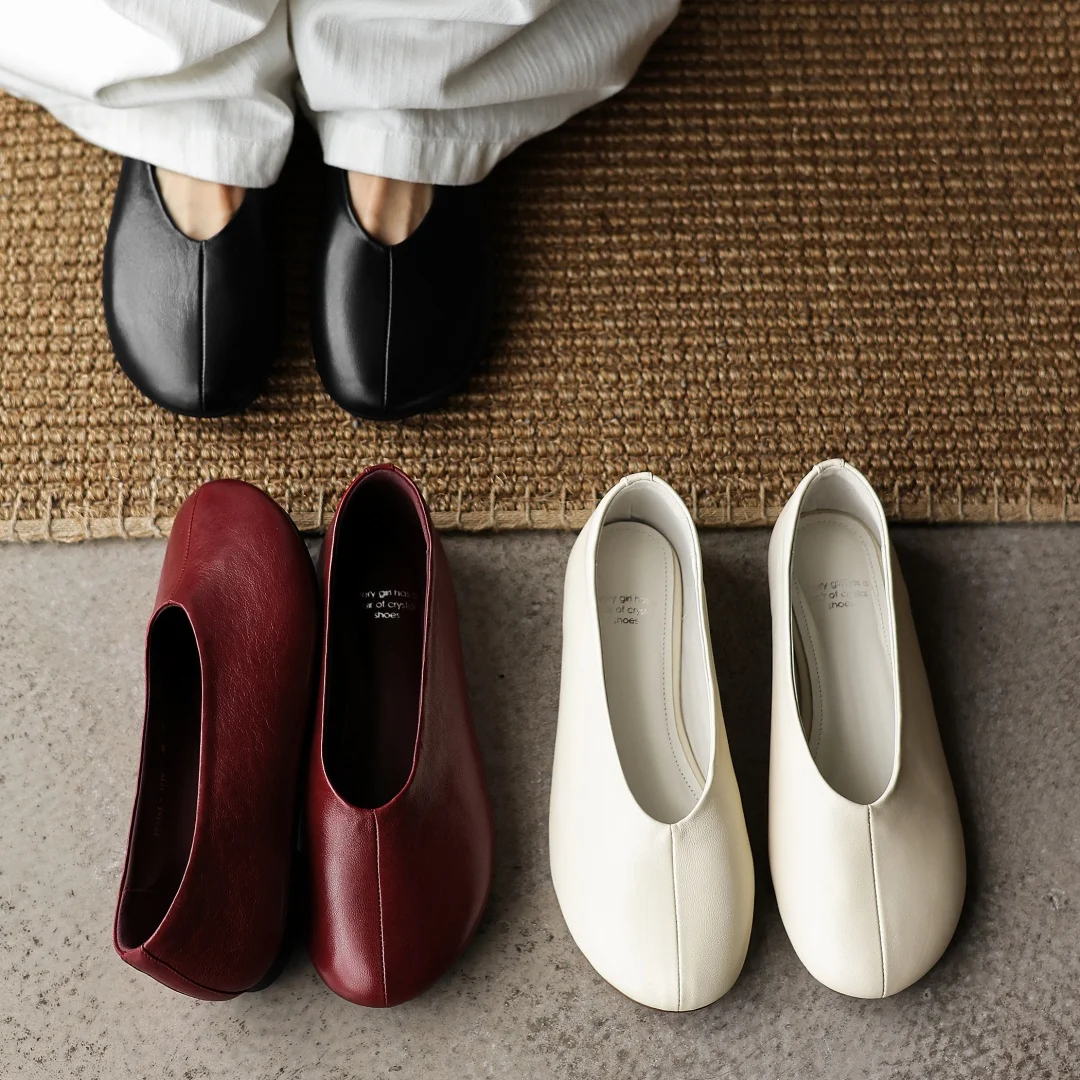 danxuefei plus size 34-42 women's sheepskin round toe slip-on ballet flats high quality soft comfort casual female ballerians