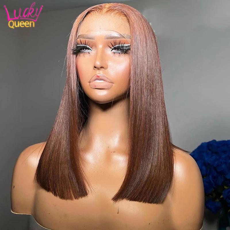 Chestnut Brown 13X4 Lace Front Straight Bob Wig  Pre Plucked 13X6 Transparent Lace Frontal Human Hair Short Bob Wig 8-16 Inches