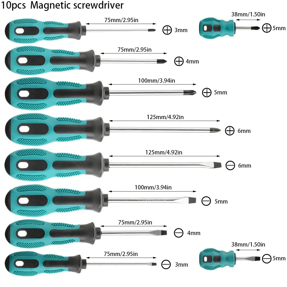 10-Piece Flathead and Phillips Magnetic Screwdriver Set, Professional Manual Installation Tools, Includes a Storage Bag