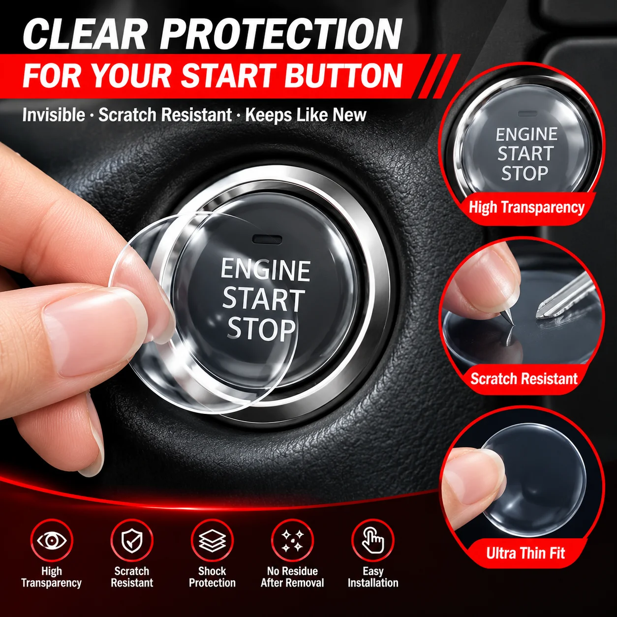 Transparent Car Start Stop Button Protector Film Clear Scratch Resistant Interior Switch Cover Easy Press Fit - view 2
