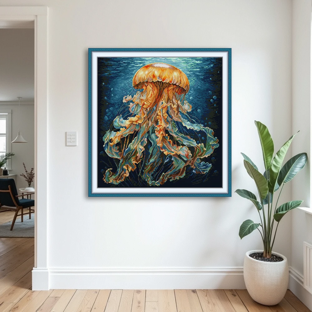 

JoySunday Cross Stitch Deep-sea Jellyfish HD Pattern Printed Fabric Aida (16/14/11CT) DIY Embroidery Kit for Home Decor or Gift