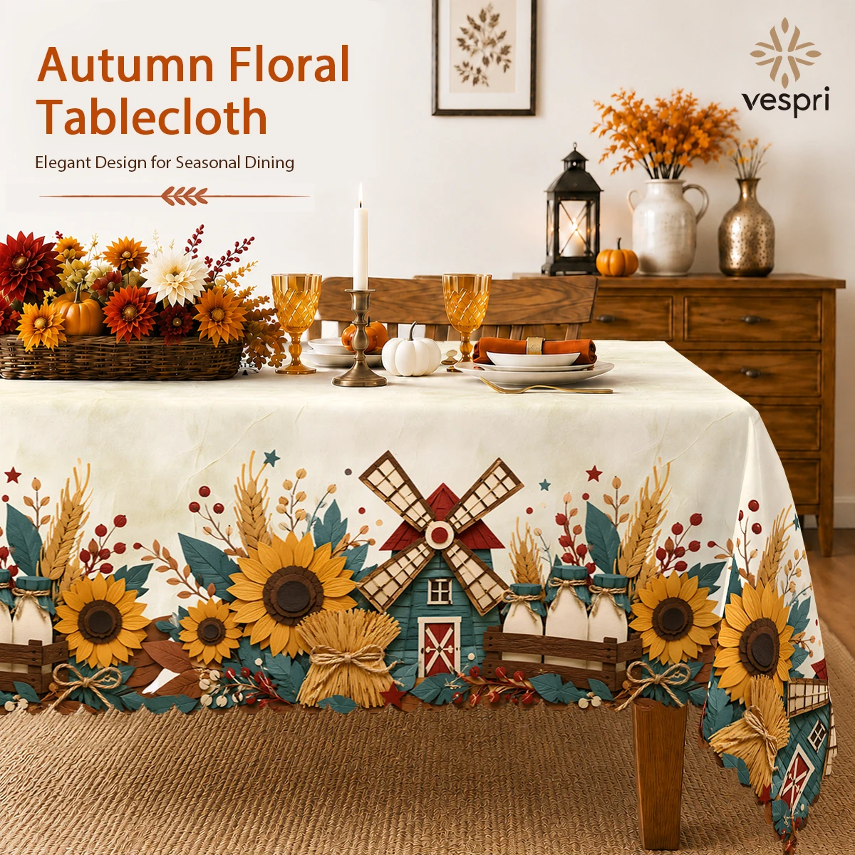 Farmhouse Tablecloth with Barns & Windmills for Indoor/Outdoor Camping decor, Rectangular/Round/Oval