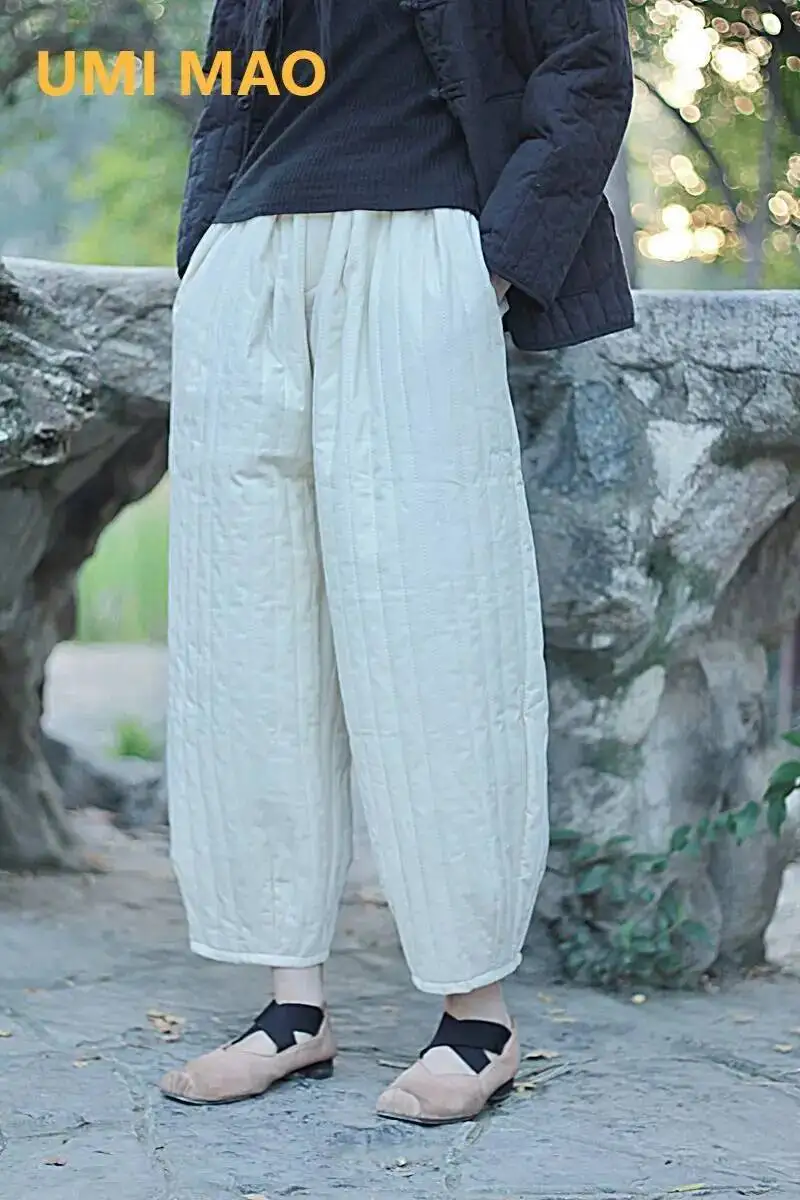 UMI MAO, хлопковые женские брюки из конопли, зимние теплые свободные брюки в стиле ретро в стиле дзен, редис, с эластичной резинкой на талии, повседневные хлопковые узкие брюки на клипсе