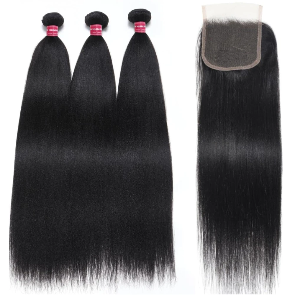 Fotografia 7: Unice cabelo yaki feixes de cabelo humano reto 2/3/4 peças com 1 peça parte livre fechamento de renda 4x4 polegadas