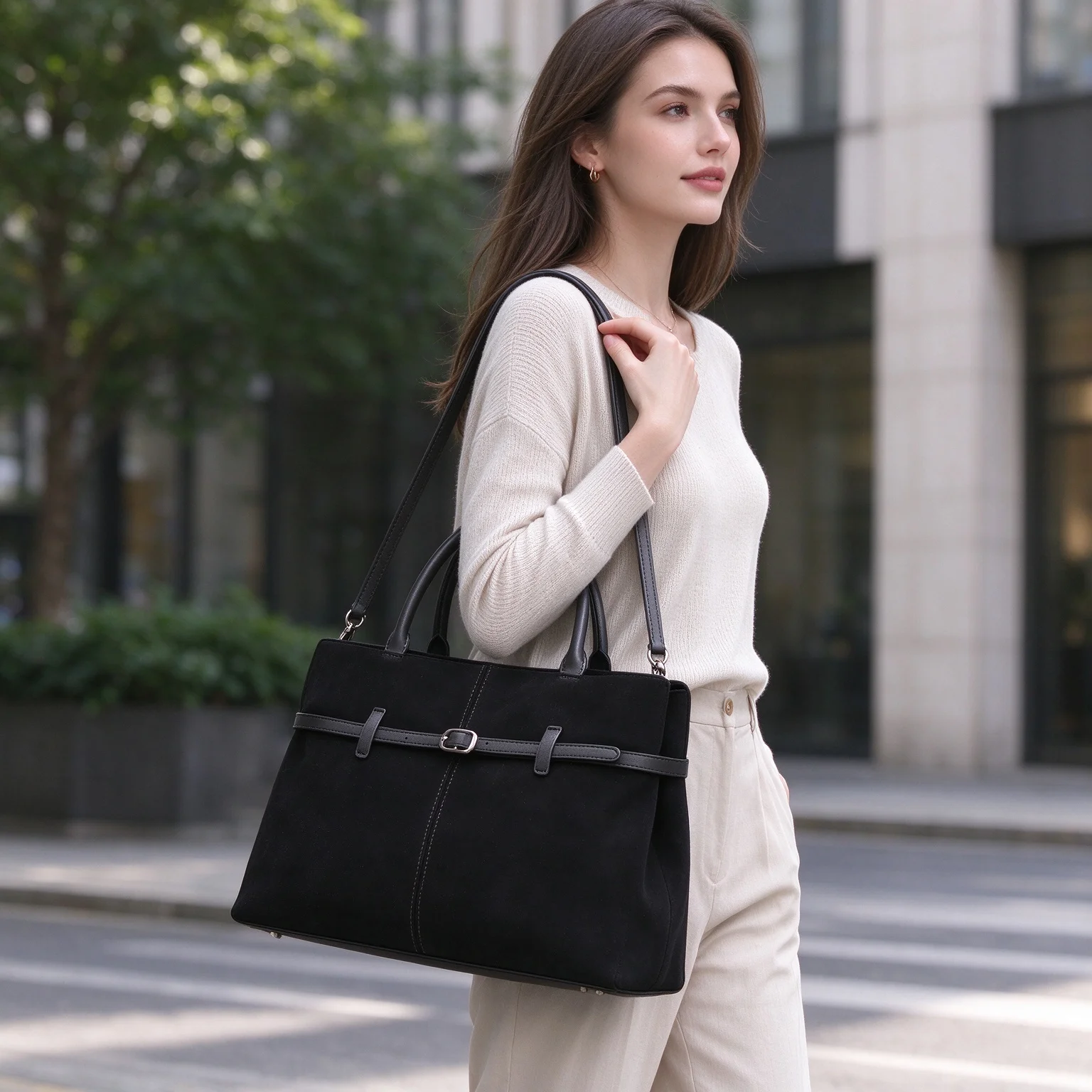 Large Genuine Suede Leather Tote Bag Women Vintage Cowhide Top Handle Bag Work Office Commuter Luxury Shoulder Handbags