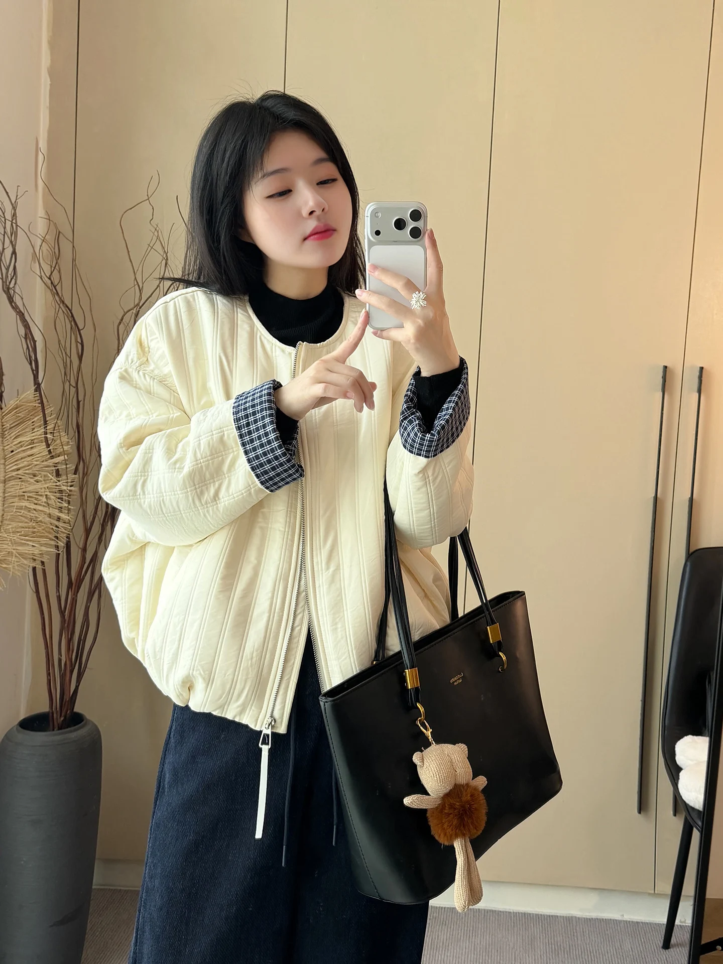 

Корейская хлопковая бейсбольная куртка в клетку с пэчворком, женская зимняя повседневная свободная куртка с длинными рукавами и молнией, круглый вырез горловины