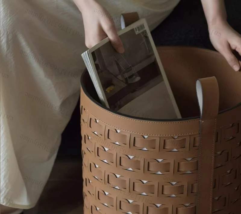 Leather Woven Laundry Basket, Foldable Storage Hamper with Handles, Waterproof Decorative Bin for Bedroom Bathroom