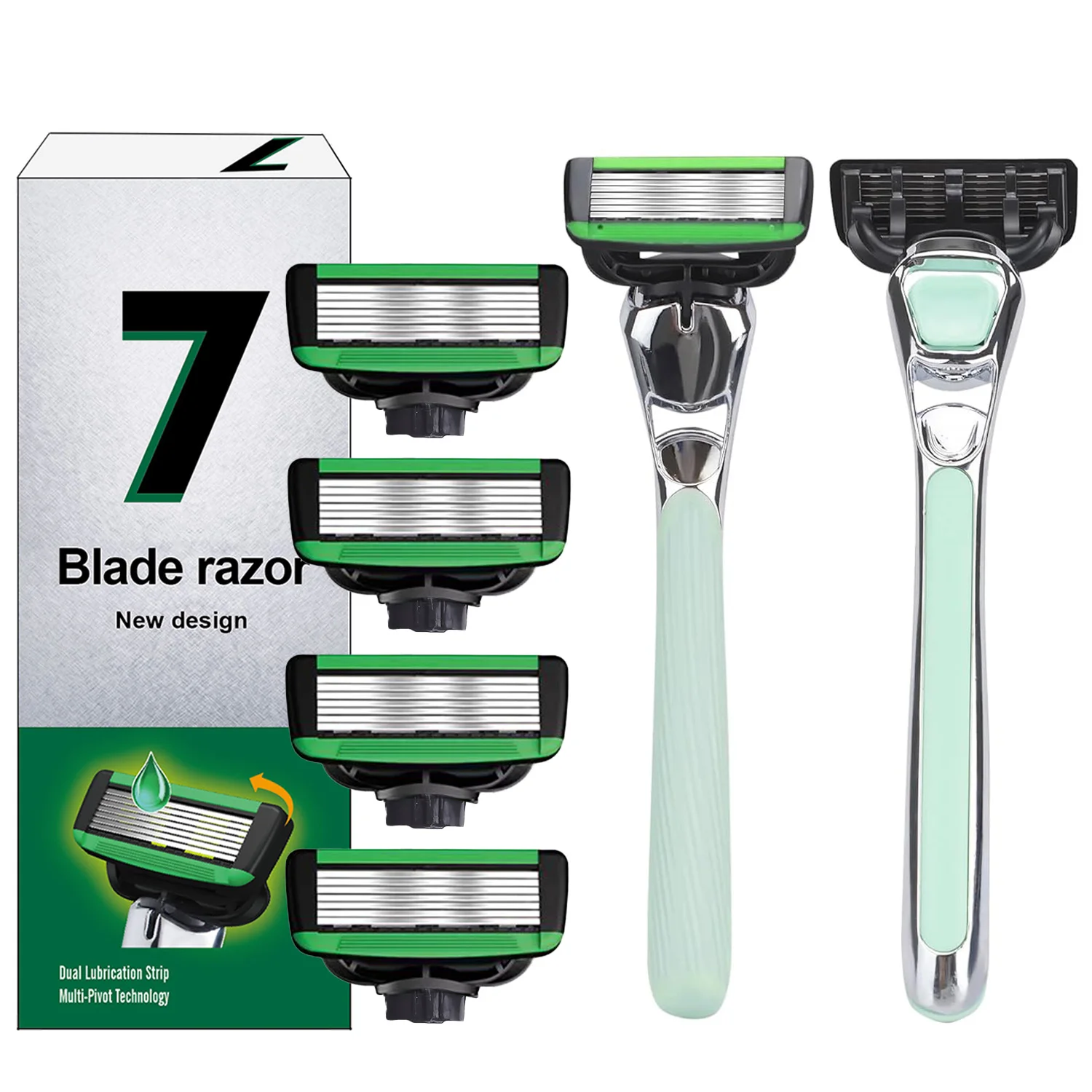 Green Men's Manual Razor Set 7-Layer Replaceable Blade Shaving Knife No Skin Damage Hair Removal Shaver for Smooth Skin