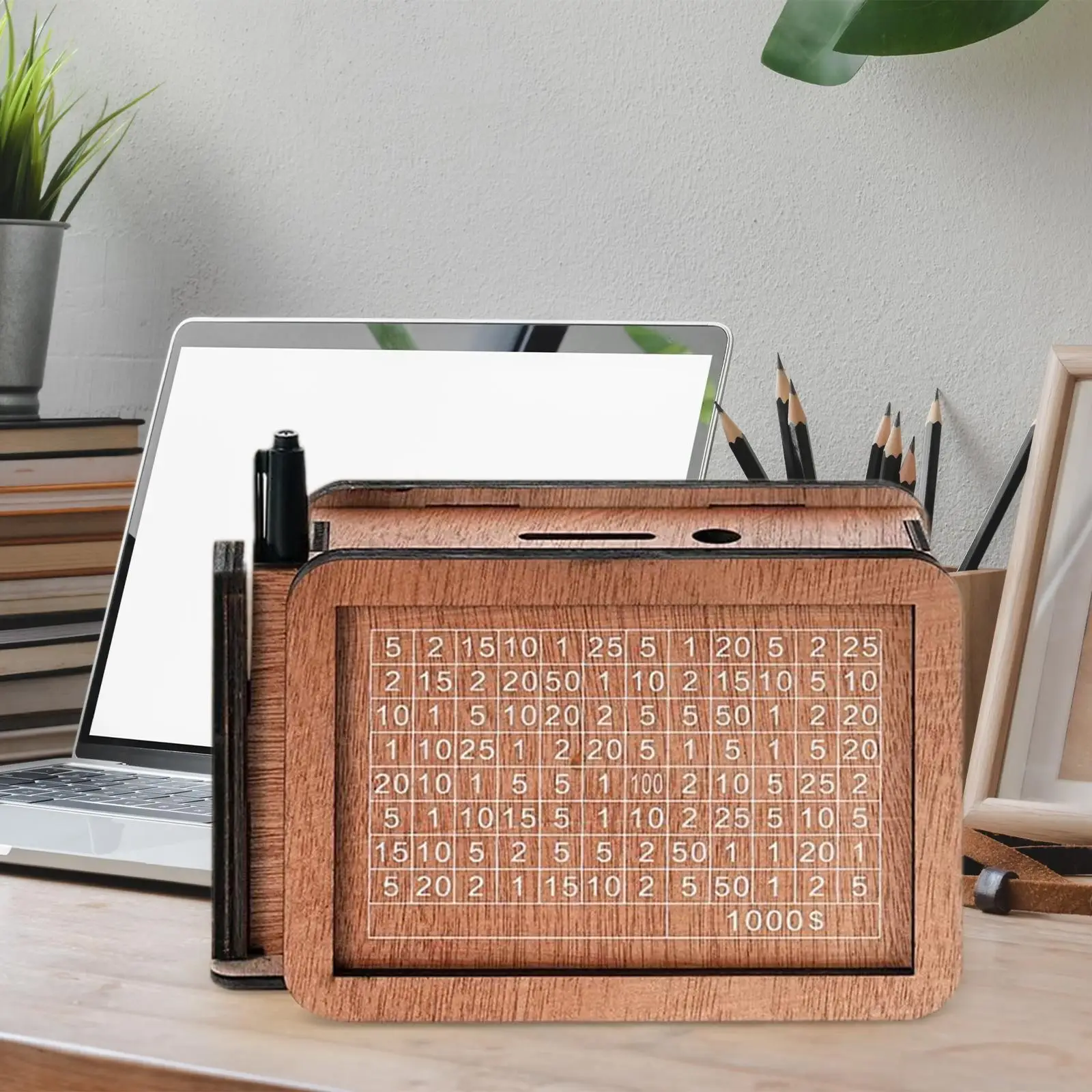 Wood Piggy Bank Money Saving Box for All Ages with Usd Target, Money Box with Counter Cashes Saver for Dormitory Office Table