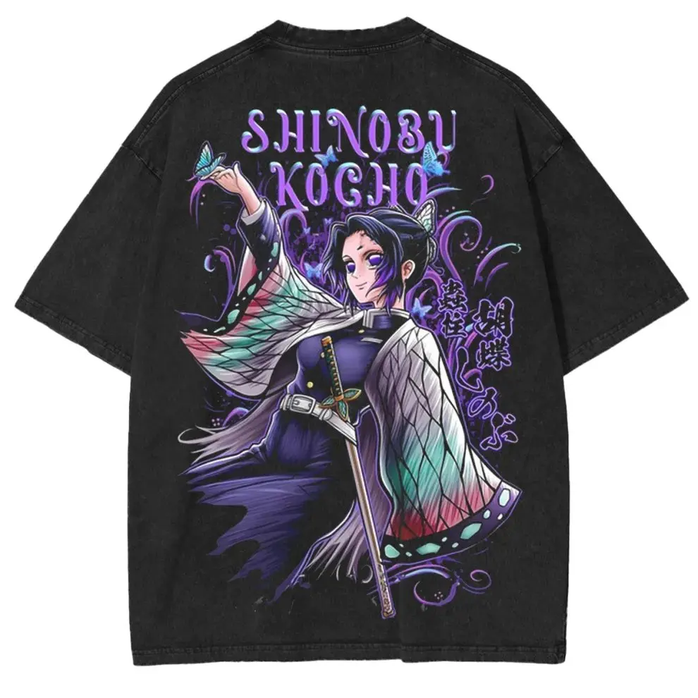 Dämon Slayer Shinobu Kocho Anime Vintage Washe T Hemd Männer Frauen Kurzarm Tops Sommer Graphic Tee Casual Streetwear Cosplay