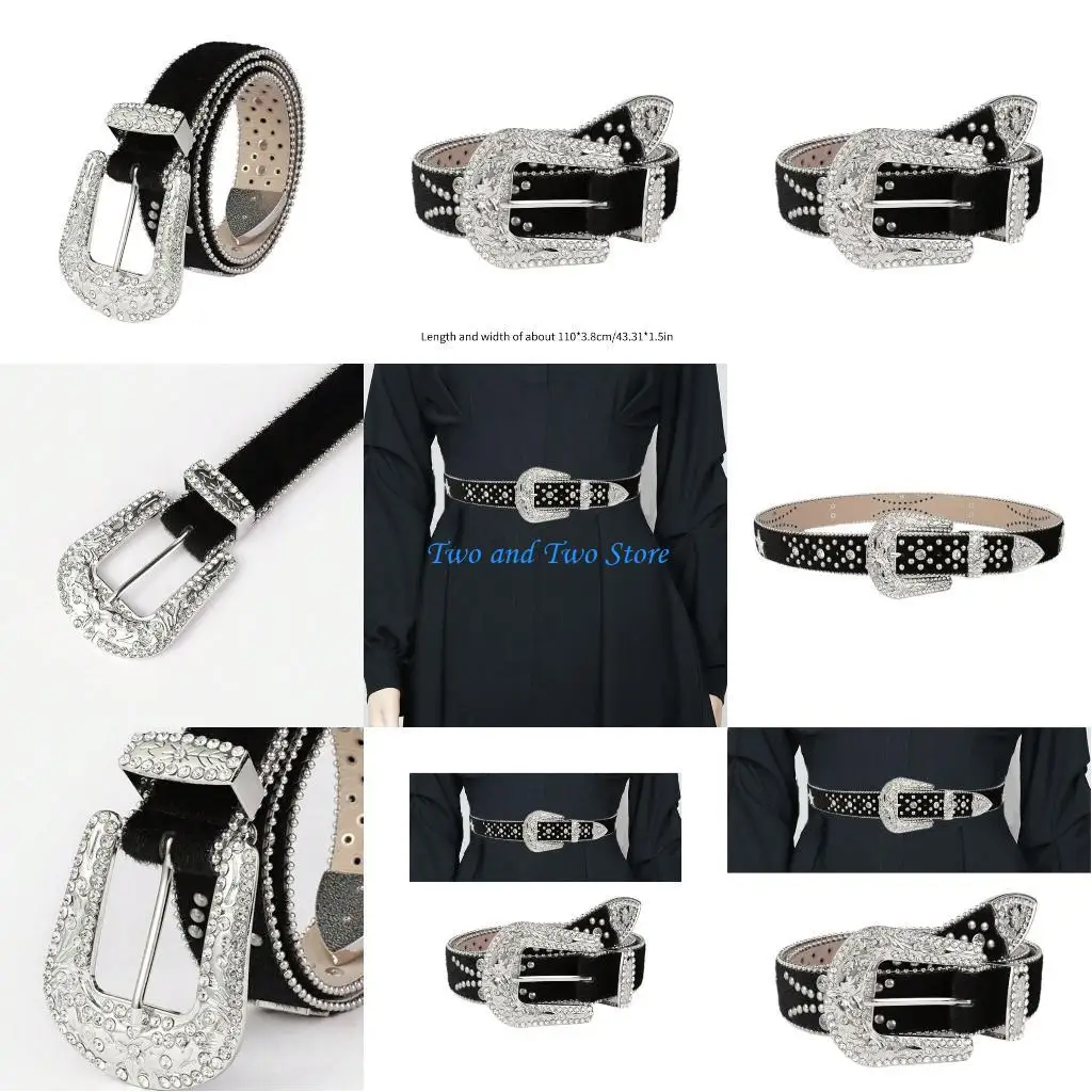 HX6F حزام برشام على شكل نجمة خماسية للنساء مع حزام راعية البقر مطرز بالخرز لسراويل الجينز وحزام البنات وحزام الخصر المزخرف