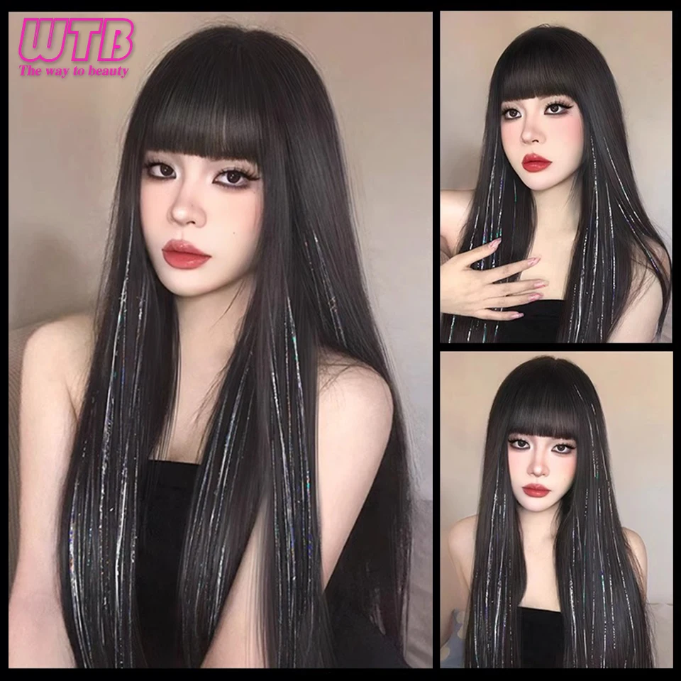 WTB Wig sintetik sutra cerah wanita, rambut palsu panjang lurus highlight warna-warni rambut ekstensi alami