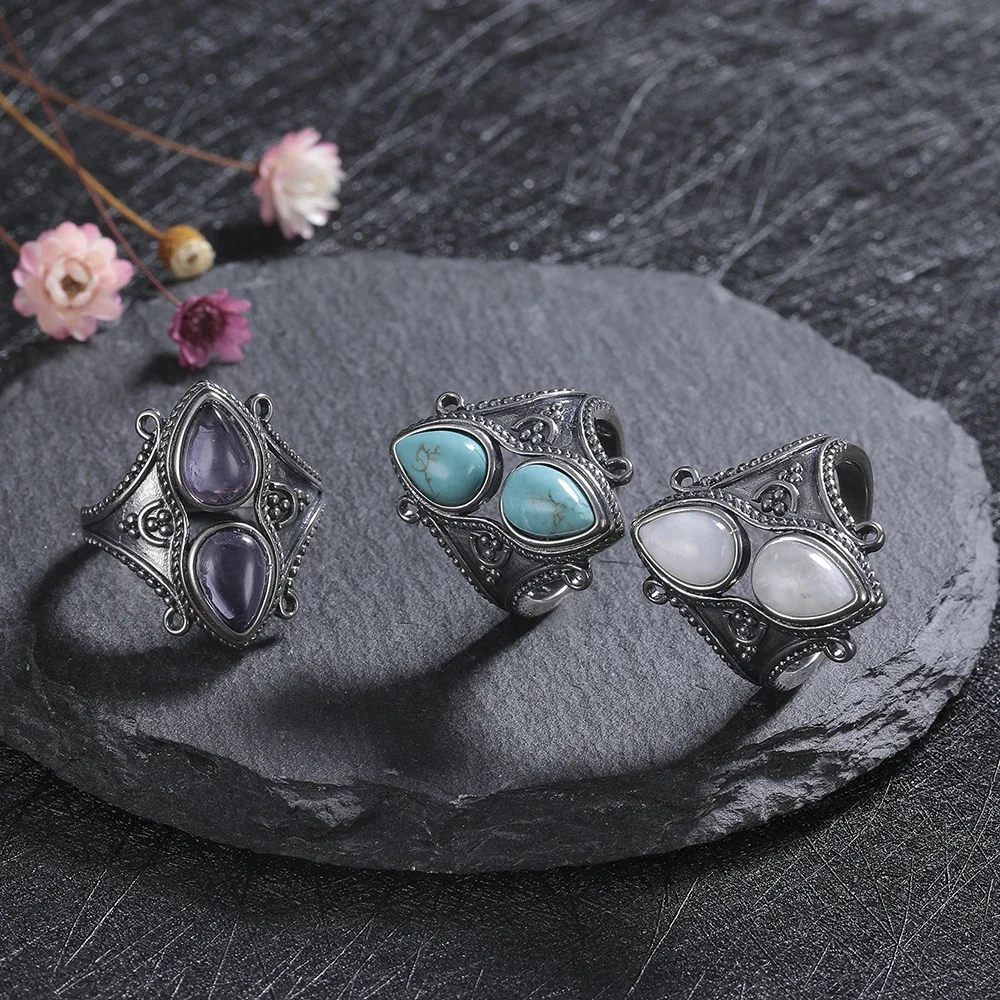 925 Sterling Silver Jewelry Ring Natural Turquoise Moonstone Amethyst Stone Vintage Ring For Women Party Gifts