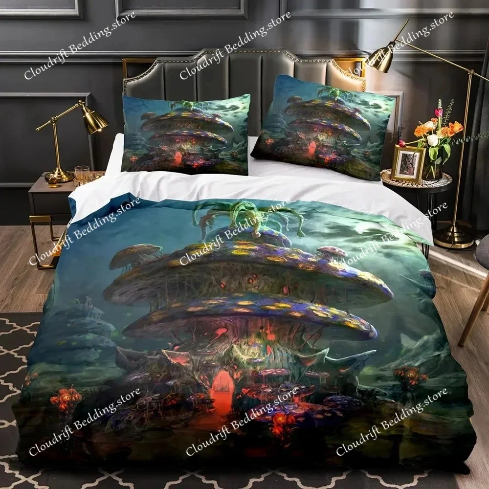 Mushroom Fairy Forest Duvet Cover Magic Lilliputian Cartoon Fungus Plant Bedding Set Fantasy Garden Polyester Comforter Cover
