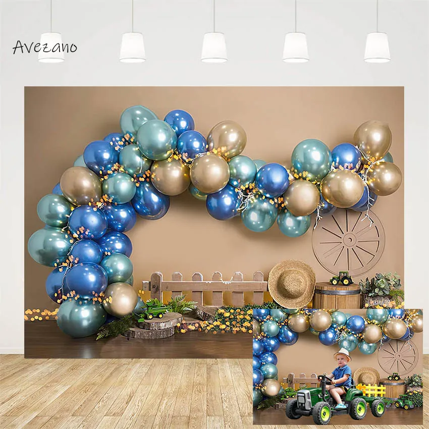 

Avezano Backdrop for Photography Blue Boy Birthday Party Farm Fence Tractor Straw Hat Cake Smash Background Photo Studio Decor