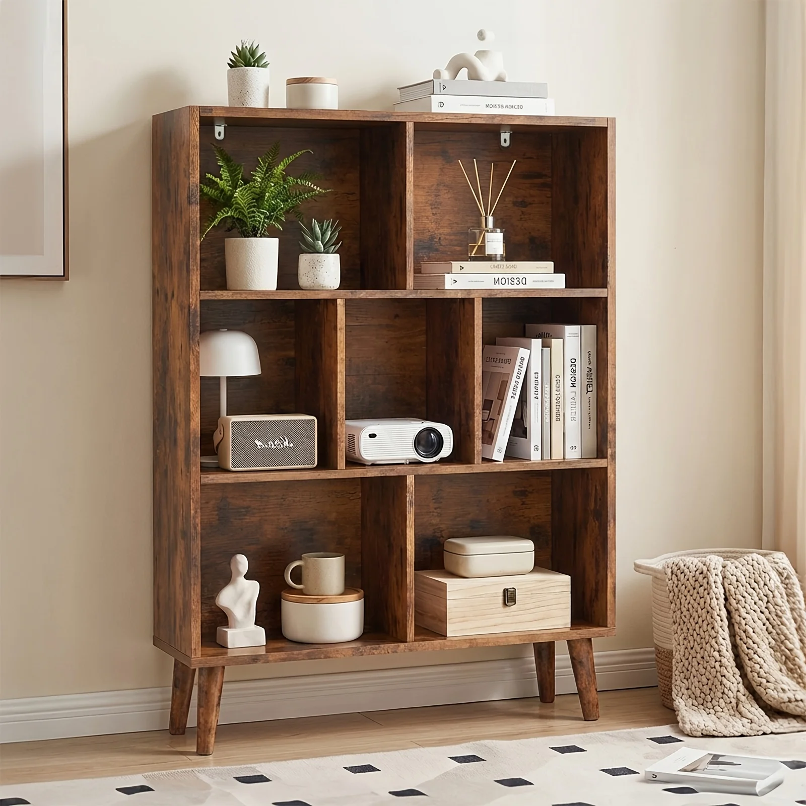 Bookshelf, 7 Cube Storage Organizer with Legs, 3-Tier Modern Wooden Bookcase, Open Standing Display Shelf for Living Room