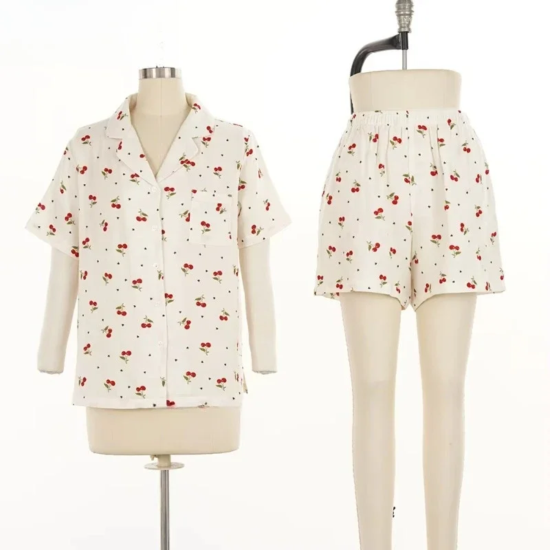 

Summer pajamas cherry print short cotton recliner women's set bamboo pajamas women's pajamas