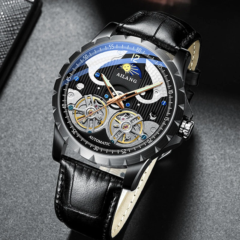 

Double Flywheel Tourbillon Mechanical Watch Men Luxury Moon Phase Hollowed Automatic Mens Watches Man Waterproof Montre Homme