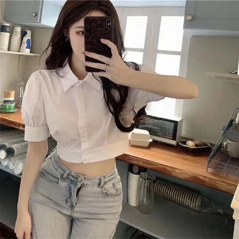 Women Solid Shirt Summer Lapel Sweet New Puff Short Sleeve Female Blouse Fashion All Match Button Korean Ladies Crop Tops