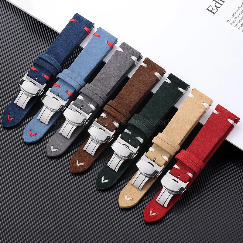 18mm 20mm 22mm Soft Suede Leather Watch Strap for Huawei GT2/3 for Seiko for Omega Vintage Quick Release Bracelet Folding Clasp