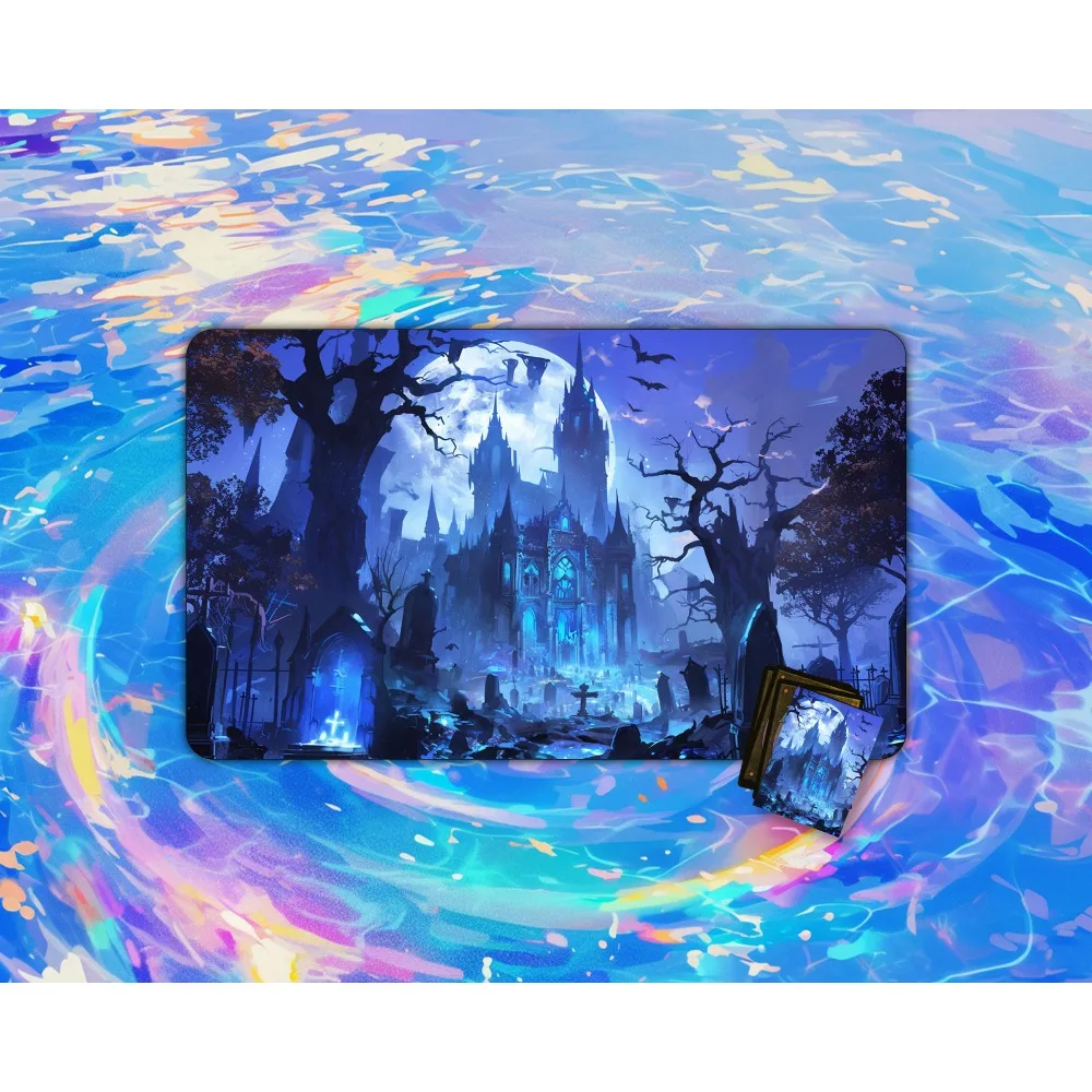 Full Moon Gothic Castle Graveyard TCG Playmat Dark Fantasy Art Premium Rubber Large Gaming Desk Mat Decor for Gamers Card Fans
