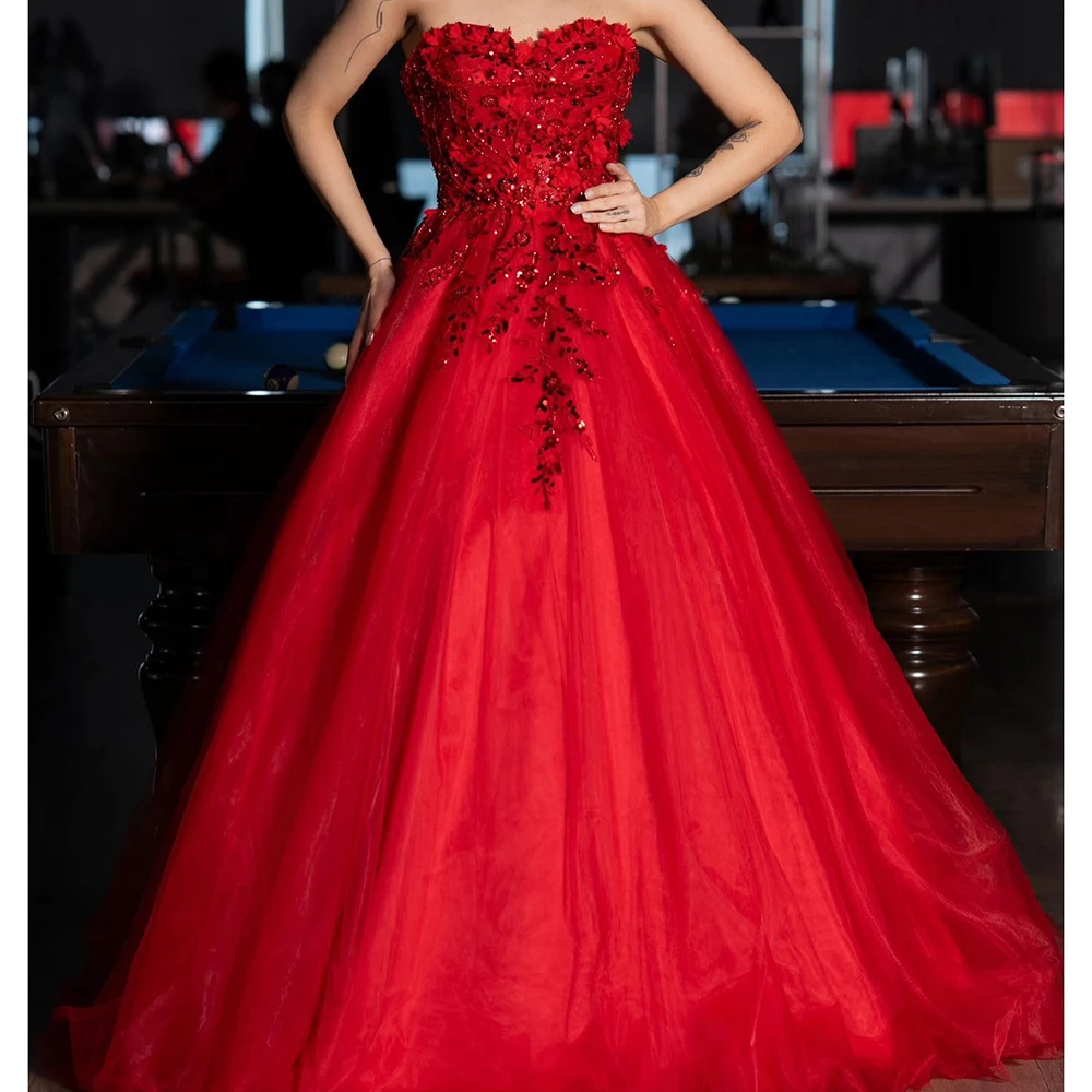 

Customized A-line Evening Dresses Floor-length Strapless Sleeveless Prom Gown Fashion Sequined Flowers Simple Draped Party Gown