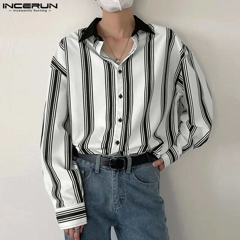 

INCERUN Tops 2024 Korean Style Handsome Men's Striped Design Shirts Casual Stylish Male Hot Sale Lapel Long Sleeved Blouse S-5XL