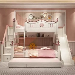 Castillo de madera, camas de princesa para niños, juego de litera para niña, muebles para dormitorio rosa con tobogán