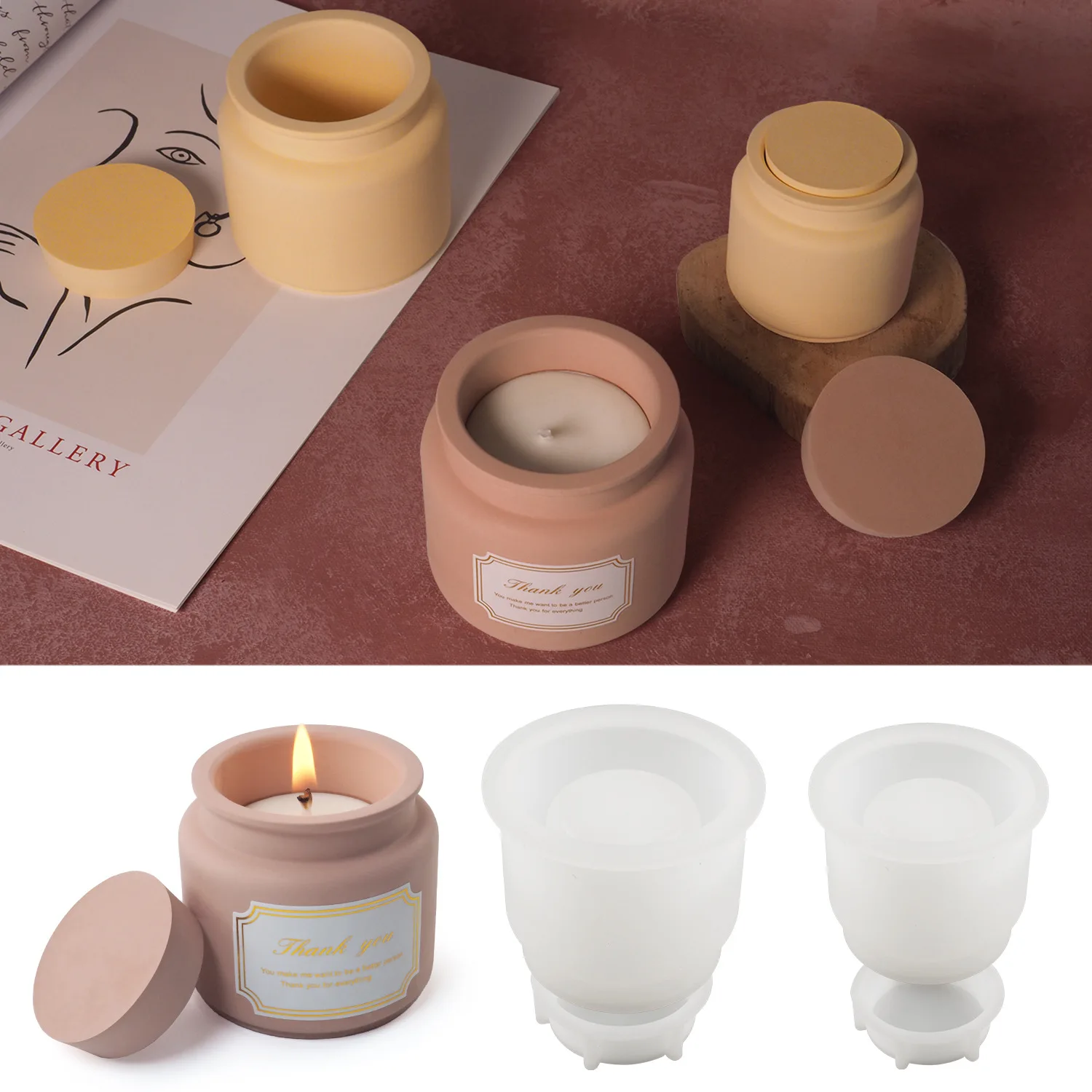 Candle Jar Molds Silicone Concrete Molds For Candle Holder With Lids Candle Cup Cement Molds For DIY Candle Making Supplies