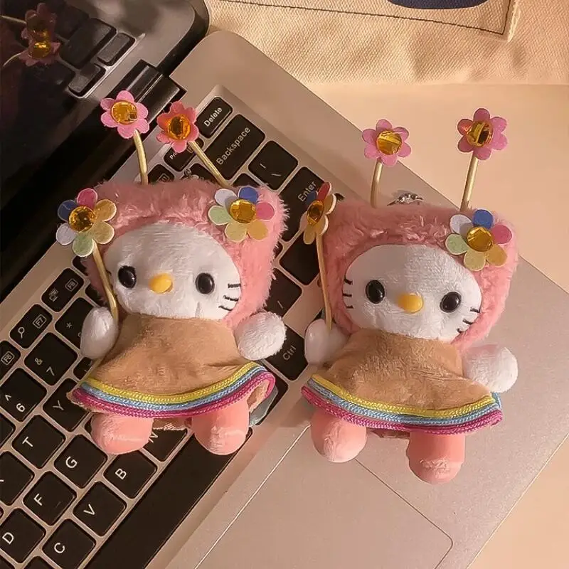 Gele bloem demon Hello Kitty pluche pop NIEUW Sanrio pluche diy hanger sleutelhanger rugzak decoratie lief meisje verjaardagscadeau