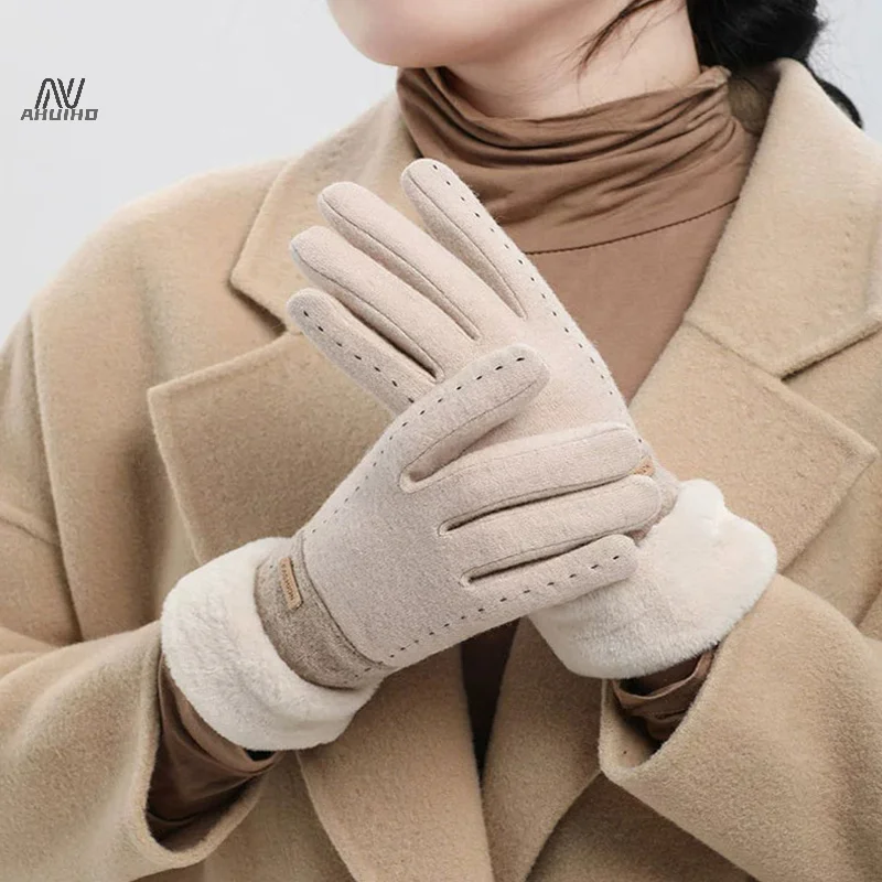 ผู้หญิงฤดูหนาวถุงมือมืออุ่นขนแกะเรียงราย Guantes Full Finger Touchscreen กันน้ํากีฬากลางแจ้งจักรยานขี่จักรยานถุงมือ