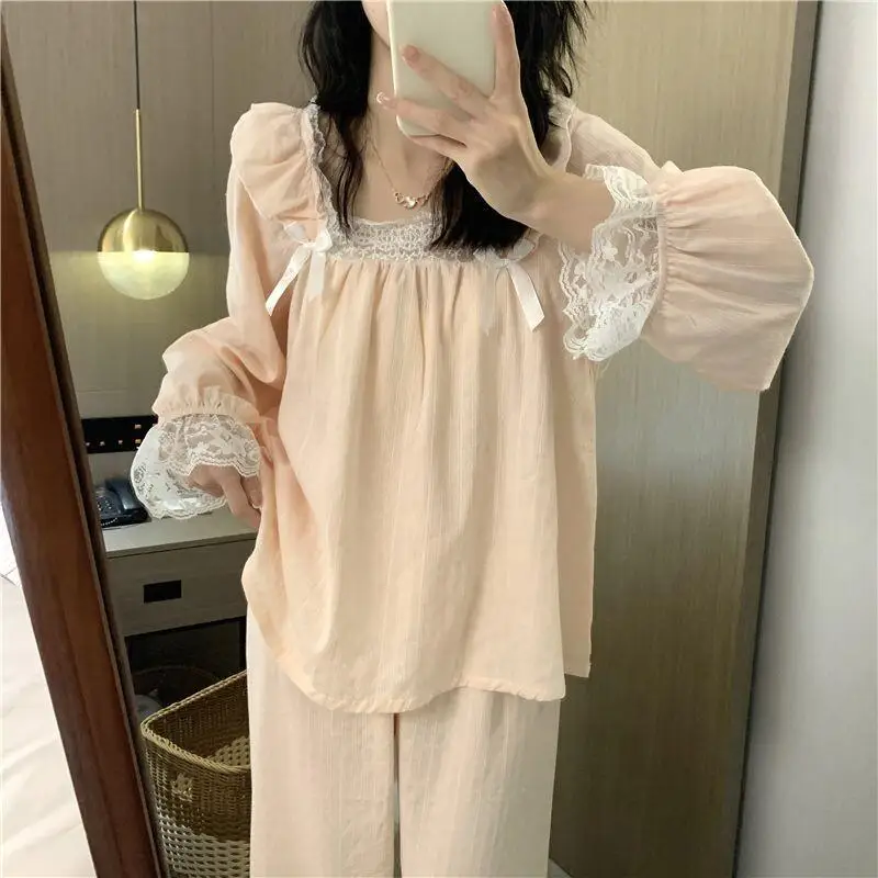 

New Hot Ins Sweet Pajamas For Girls Spring Autumn Pure Cotton Long Sleeve Korean Simple Princess Style Homewear Wearable Outside