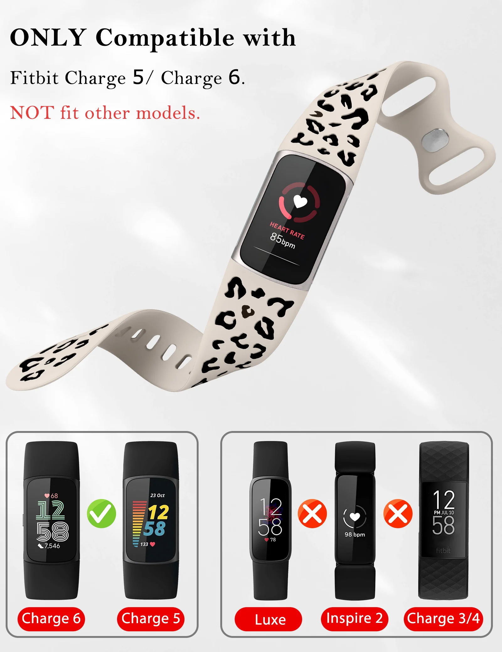 Wearlizer 3 Packs Two-Tone Leopard Engraved Band for Fitbit Charge 6/for Charge 5 watchband Soft Silicone Sport Strap Leopard