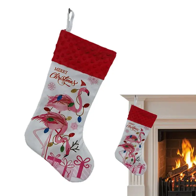 Large Christmas Stockings Flamingos And Palm Trees Stockings Bag Fireplace Hangings Stockings Smooth Soft Candy Holding Bag