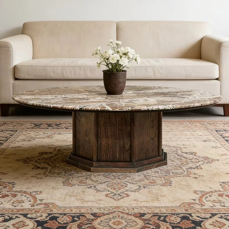 #Round Coffee Table With Natural Marble Top And Solid Wood Octagonal Base Classic