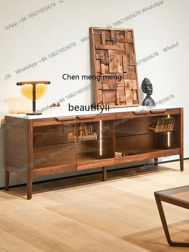 

D178 North America Black Walnut Stone Plate TV Cabinet Living Room Home Solid Wood Glass Storage Cabinet Integrated Storage Cabi