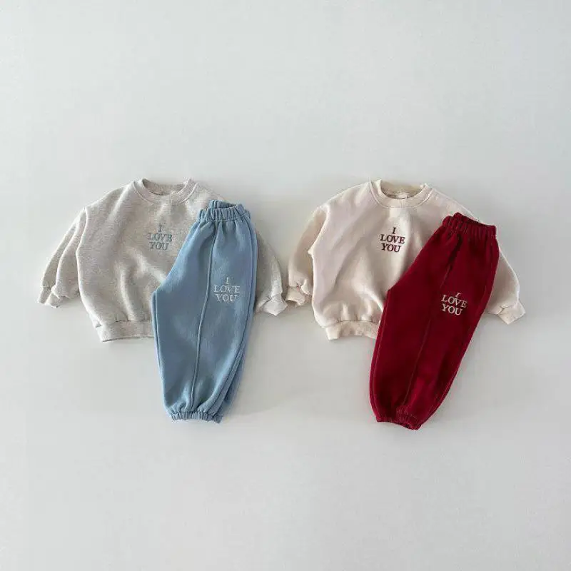 2025 Winter New Children Letter Embroidery Fleece Sweatshirt Set Boys Girls Plus Velvet Thick Sweat Pants Suit Kids Warm Outfits