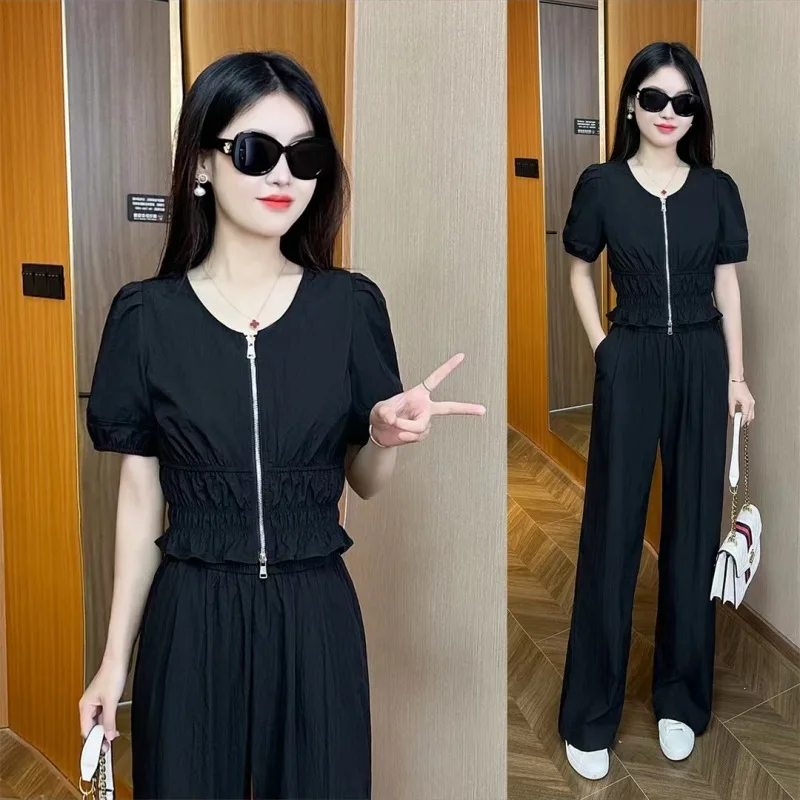 

Small fashion short sleeve suit WOMEN'S summer new waist zipper top wide leg pants stylish two-piece suit